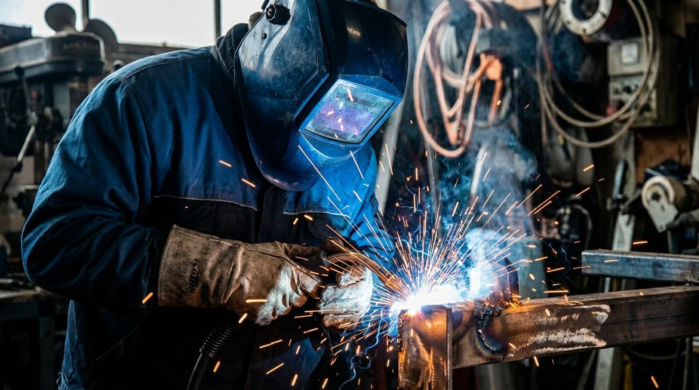 Sparks flying from a weld being run along a steel section in the shop