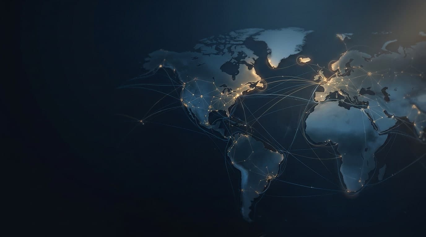 Dark world map showing a global engineering network.