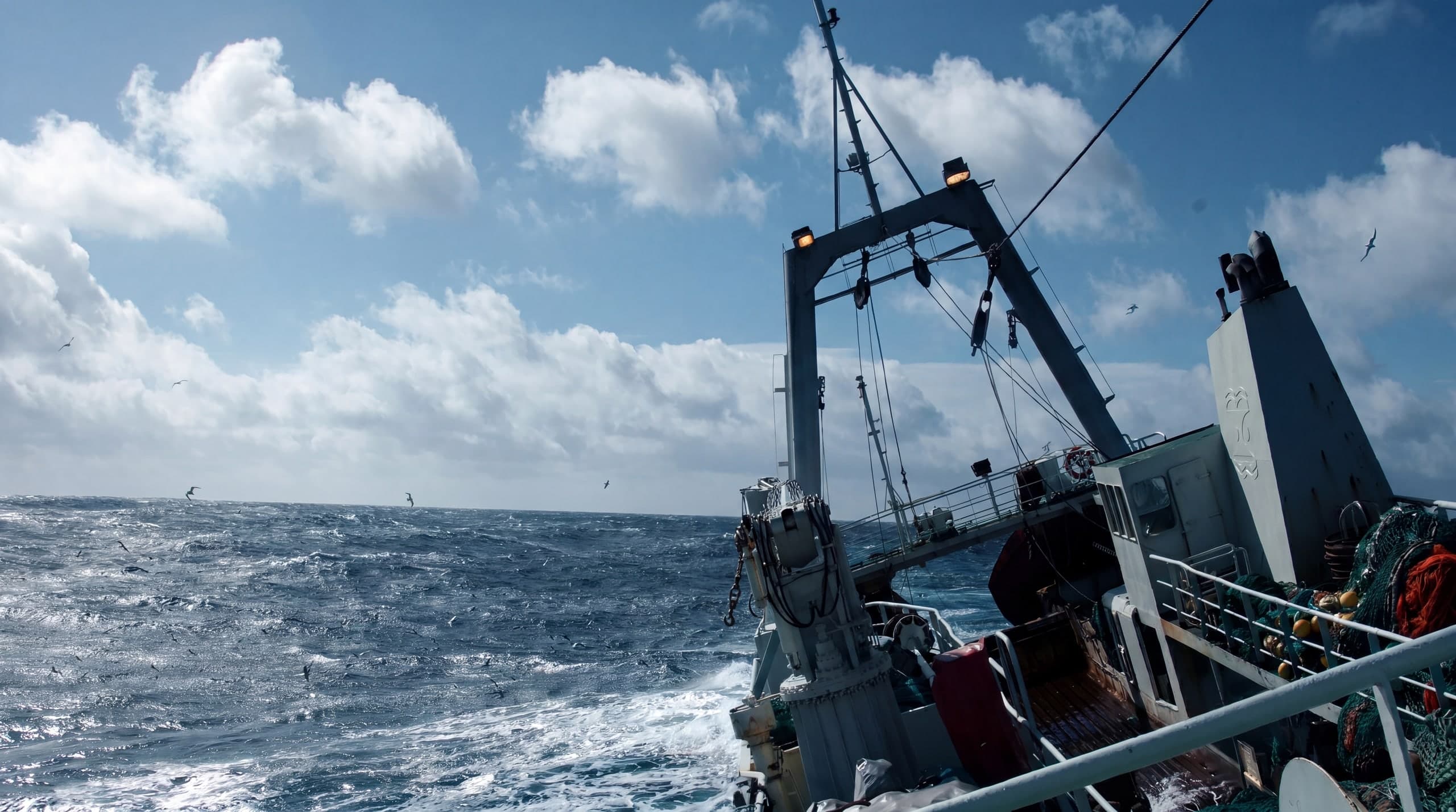 Fishing trawler working heavy North Atlantic seas — deck gantry, rigging, and trawl gear to starboard.