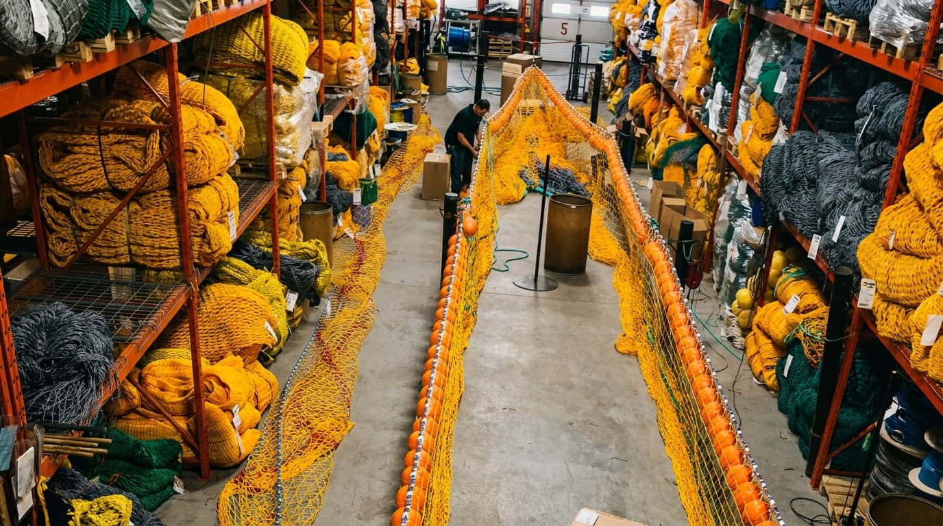 Trawl netting and float line laid down the aisle of a net loft, between racks stacked with coiled rope and twine