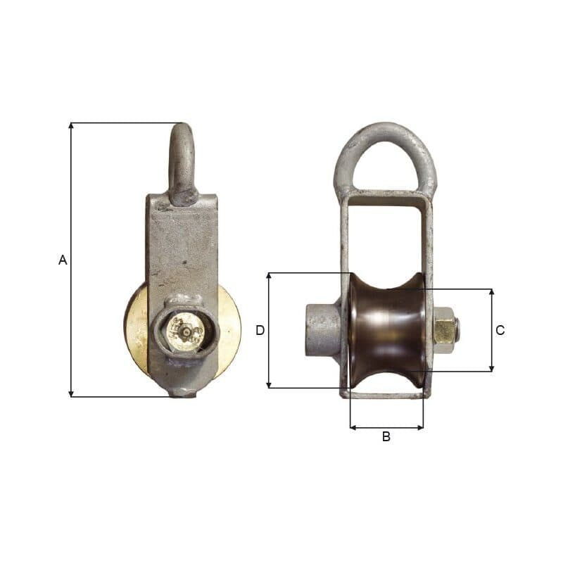 Lazy line blocks — Galvanized, Bronze bushing, Greaseable (KA050-ORG) — manufacturer dimension drawing