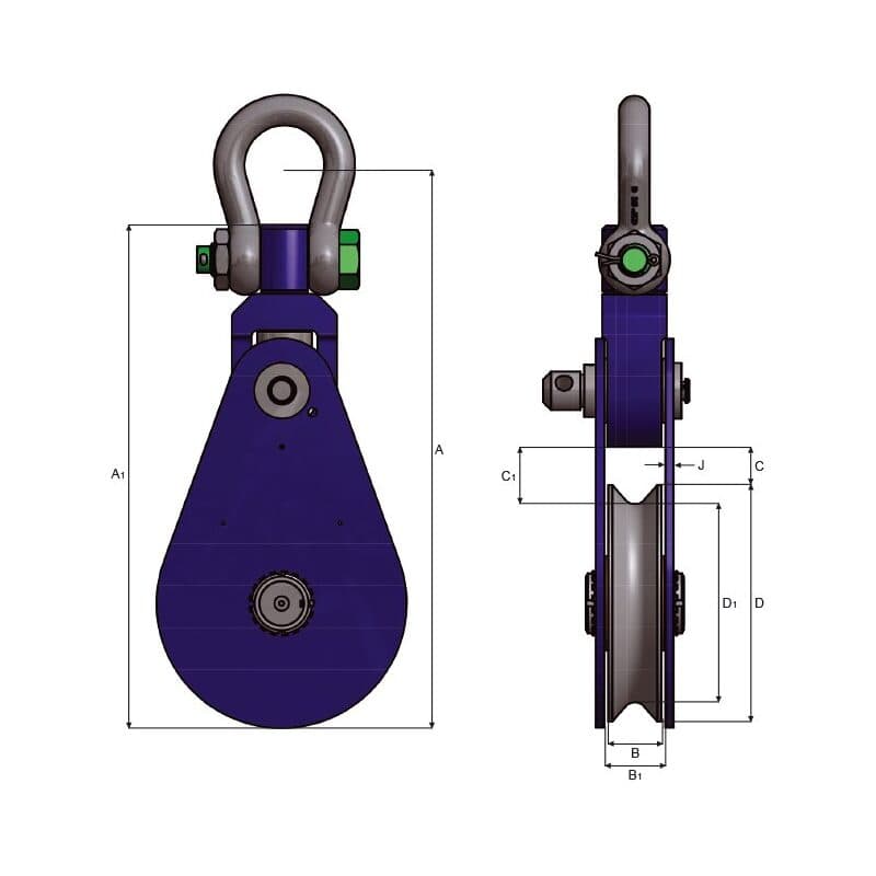 Snatch blocks — Open, Blue or Yellow painted — manufacturer dimension drawing