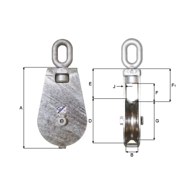 Tackle blocks — Galvanized (KT230-2–KT600-2) — manufacturer dimension drawing