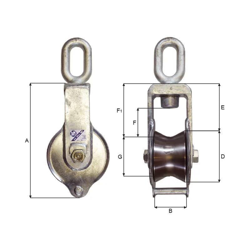 Tackle blocks — Galvanized (KT110–KT150/180) — manufacturer dimension drawing