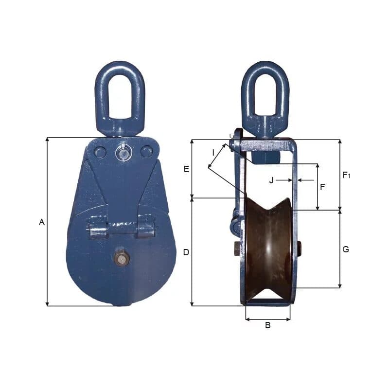Trawl blocks — Open, Blue painted — manufacturer dimension drawing