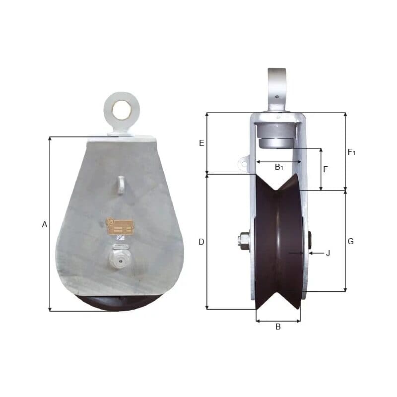 Trawl blocks — Roller bearing, Thrust bearing on top, Galvanized — manufacturer dimension drawing