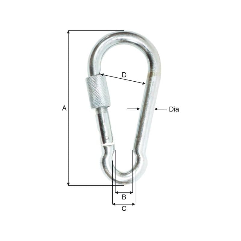 Carabine hooks — Lock screw, Galvanized — manufacturer dimension drawing