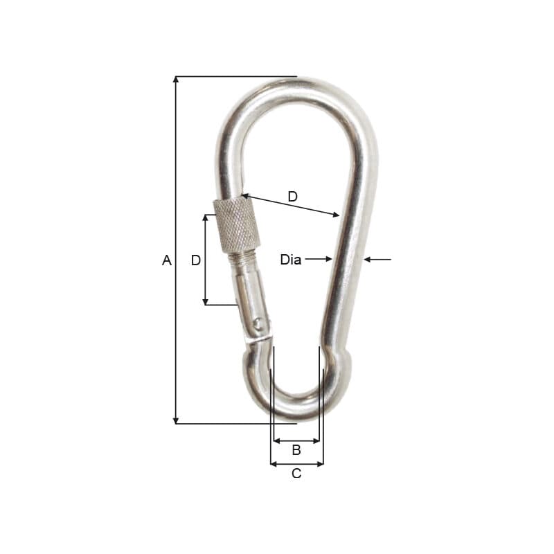 Carabine hooks — Lock screw, Stainless steel — manufacturer dimension drawing