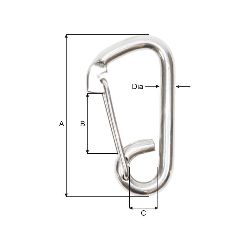 Carabine hooks with spring — Stainless steel — manufacturer dimension drawing