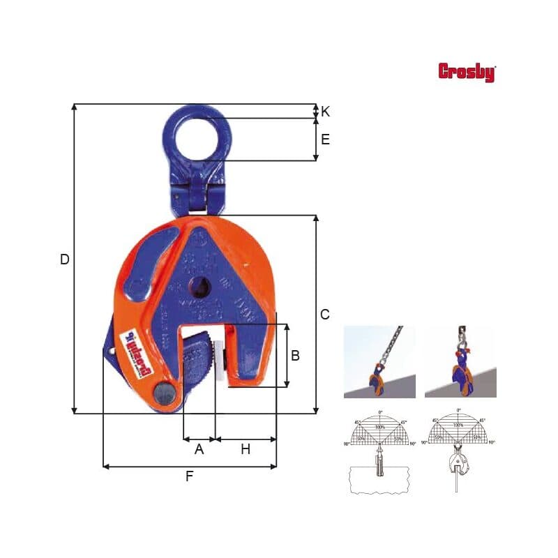 Crosby lifting clamps — For lifting in any direction — manufacturer dimension drawing