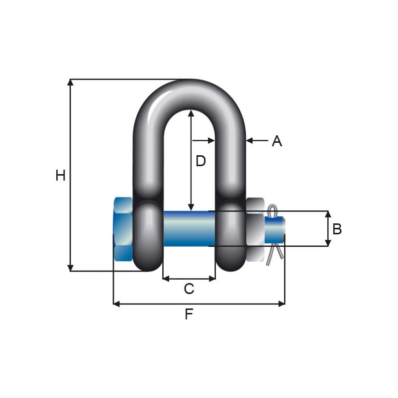 High tensile shackles — Safety type, Blue pin, Dee type — manufacturer dimension drawing
