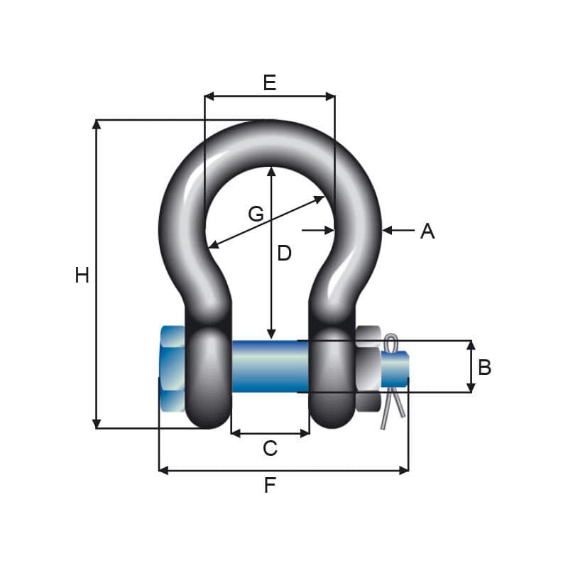 High tensile shackles — Safety type, Blue pin — manufacturer dimension drawing
