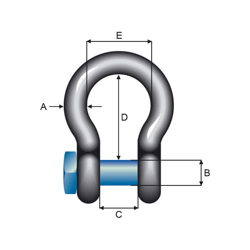 High tensile shackles — Square head pin, Blue pin, Bow type — manufacturer dimension drawing