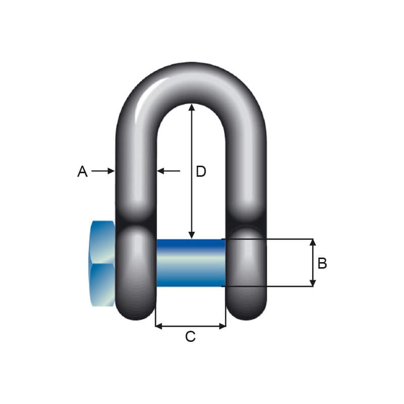 High tensile shackles — Square head pin, Blue pin, Dee type — manufacturer dimension drawing
