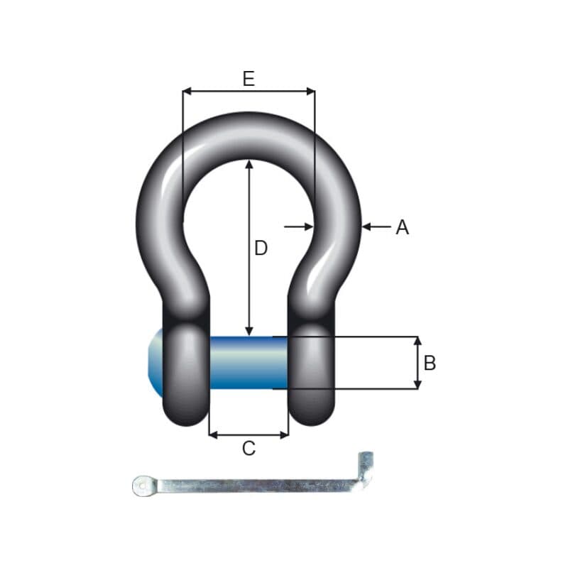 High tensile shackles — Square sunken hole, Bow type, Blue pin — manufacturer dimension drawing
