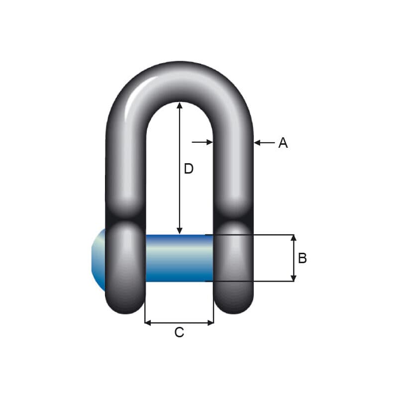 High tensile shackles — Square sunken hole, Dee type, Blue pin — manufacturer dimension drawing