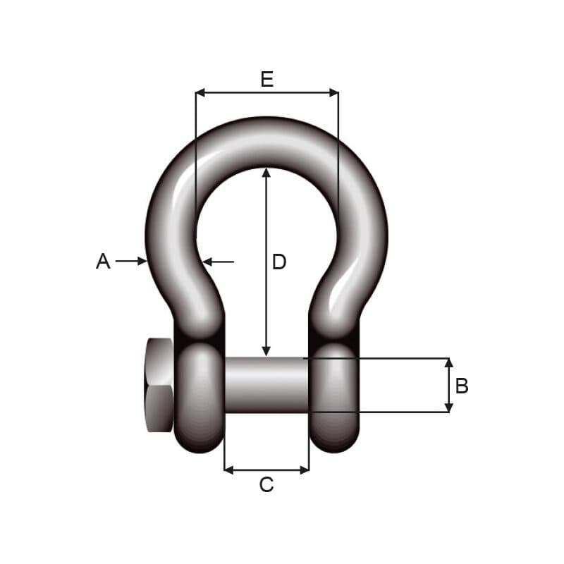 Shackles — Selfcoloured, Bow and pin equal thickness, Square head pin, Bow type — manufacturer dimension drawing