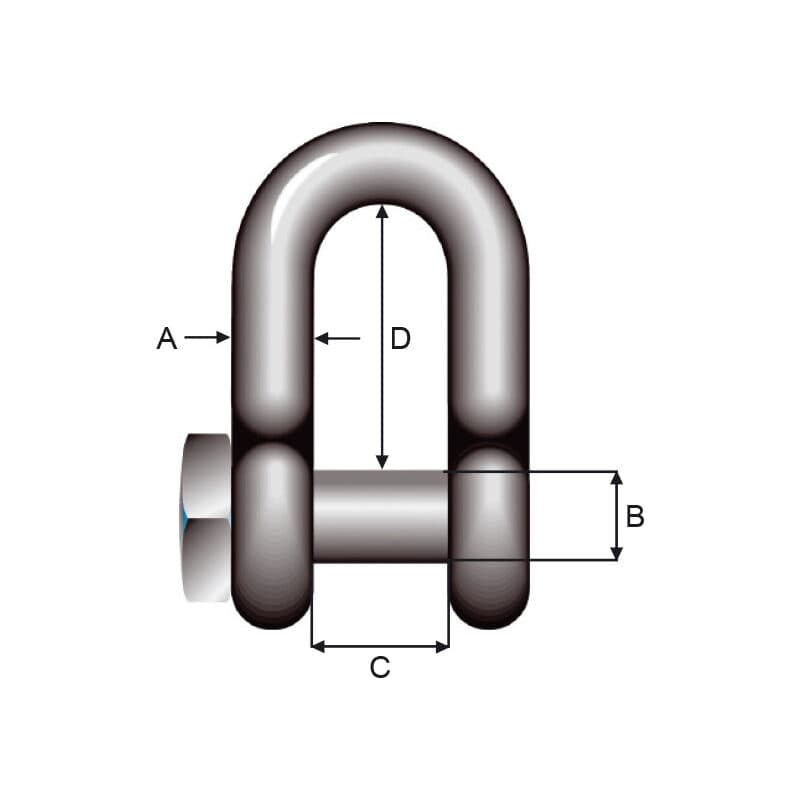 Shackles — Selfcoloured, Bow and pin equal thickness, Square head pin, Dee type — manufacturer dimension drawing