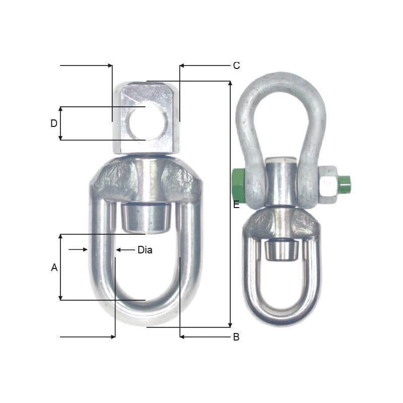 Swivels — Stainless steel, For shackle — manufacturer dimension drawing