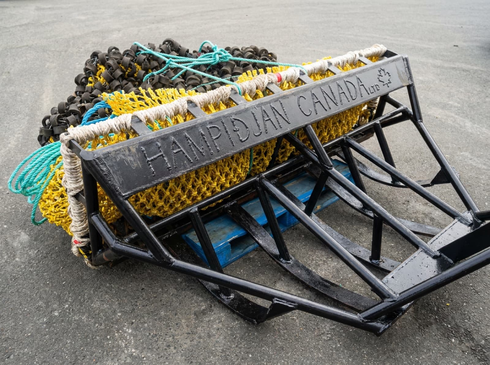 A sea cucumber dredge on a five-bar steel frame with Hampidjan Canada lettered along the beam