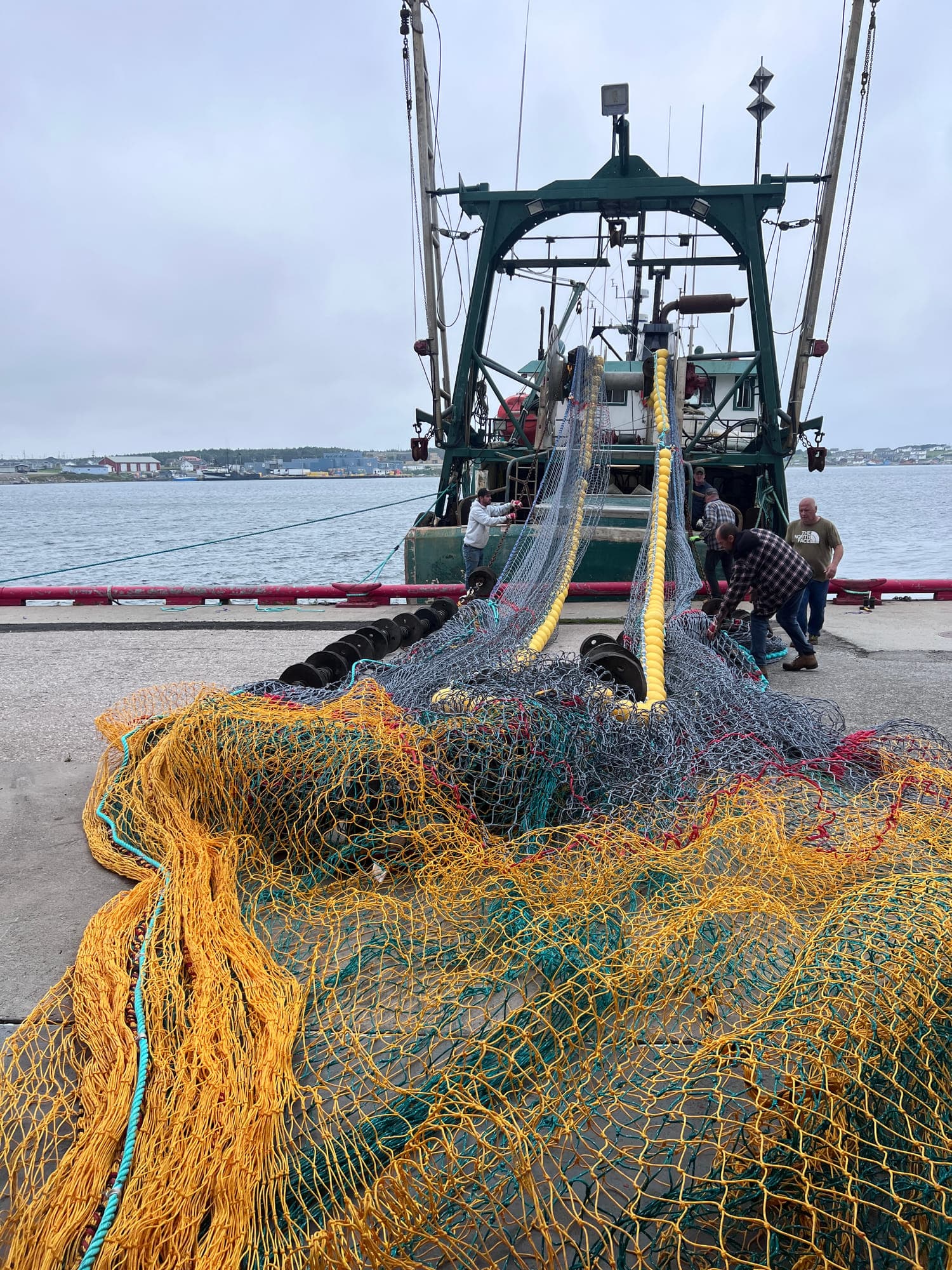 A trawl laid out along the wharf at Port au Choix and worked over the stern of a green stern trawler.